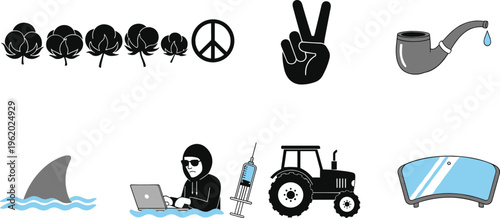 Mixed icon collection with trees, peace symbol, victory hand, pipe, shark fin, hacker, tractor and car windshield, vector illustration for nature, lifestyle and concept design projects
