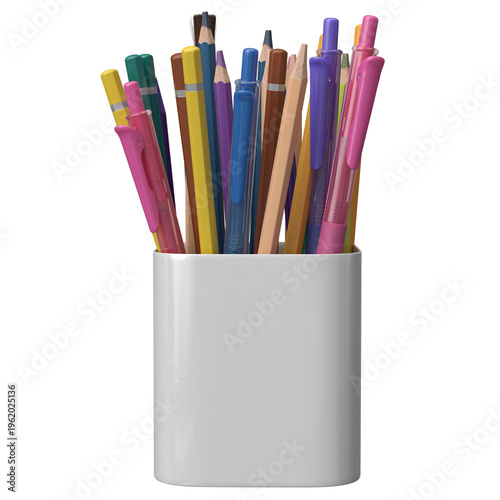 Pens and pencils in a minimal holder isolated on white background. Clean and organized composition, ideal for office, education, creativity and workspace concepts.