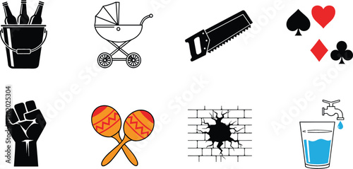 Mixed icon set with beer bucket, baby stroller, saw, playing cards, fist, maracas, broken wall and water glass, vector illustration for lifestyle and everyday design projects