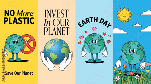 Earth Day banner set promoting no plastic, investing in our planet, and cheerful cartoon Earth illustrations for a sustainable, plastic-free future