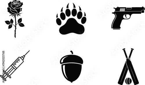 Black silhouette icons set with rose, bear paw, handgun, syringe, acorn and cricket bats, vector illustration for symbols, nature and design projects