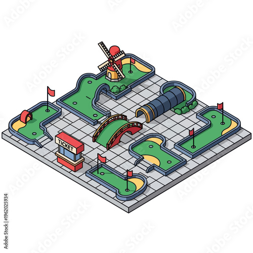Miniature Golf Course with Windmill and Tunnel.