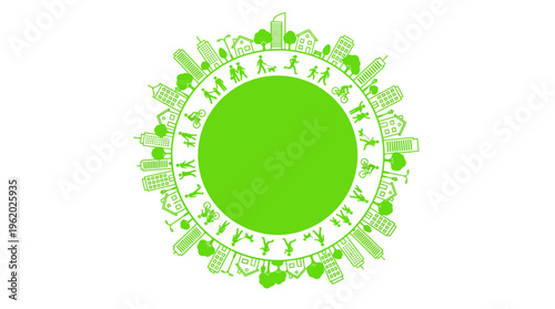 Eco-friendly circular logo with lime green center and a ring of people and nature icons representing community and sustainability
