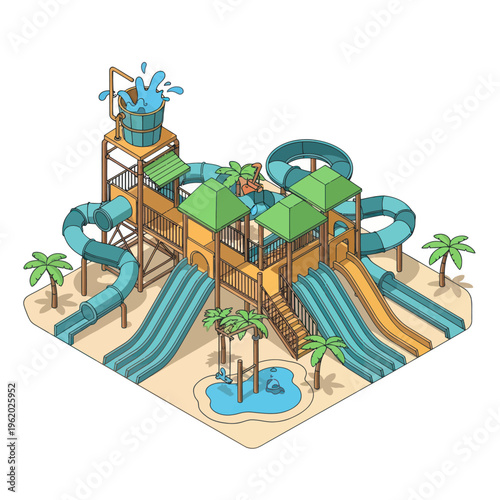 Water Park Playground with Slides and Towers.