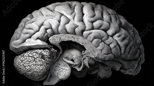 Detailed view of a human brain showing different regions and structures in black and white, showcasing the complexity of the organ and its functions
