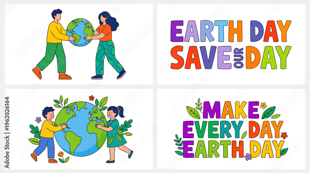 Fototapeta premium Vibrant four-panel illustration promoting Earth Day with people planting trees to protect the planet and celebrate Make Every Day Earth Day—colorful, family-friendly environmental awareness design