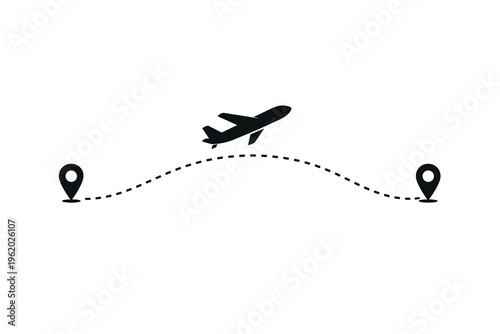 Vector graphic of an airplane icon with a dotted path linking two map pins, symbolizing global travel, efficient route planning, and connection