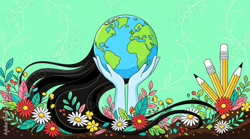 Earth held by nurturing hands surrounded by blooming flora, pencils and brushes, symbolizing environmental care, creativity, education, and sustainable growth