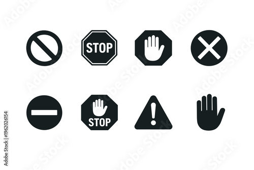 Set of various prohibition and warning signs including stop sign, no entry, caution and hand signal icons on white background