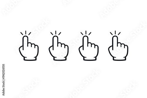 Four simple line art cursor icons, each displaying a pointing finger with emanating sparkles, signifying selection, action, or digital interaction in a clean, minimalist design