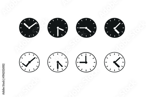 Set of eight abstract clock symbols with different hands, perfect for illustrating time, deadlines, and scheduling concepts visually