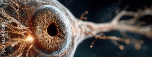 Neuronal structure with an eye focus showing connections and details in a close-up view during digital art representation