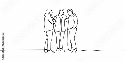 Three women stand closely together in a continuous line drawing style
