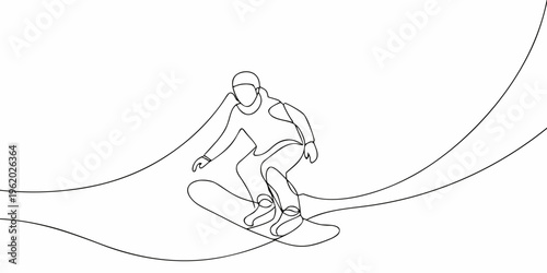 Continuous line drawing of a snowboarder performing an aerial trick