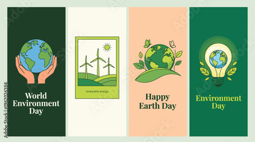 World Environment Day and Earth Day themed posters featuring globe icons, wind turbines, trees, and renewable energy motifs