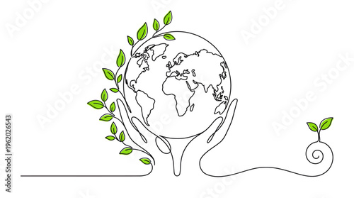 Loving hands cradle the Earth with a growing vine, symbolizing global environmental care and sustainability