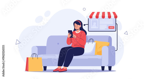 Woman shopping online on sofa with shopping bags and store interface on screen