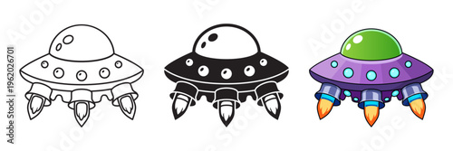 UFO spaceship icon set collection in flat style. Spacecraft vector illustration on isolated background. Futuristic transport sign business concept.