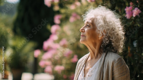 Senior woman looking up, smiling with a thoughtful expression outdoors surrounded by flowers