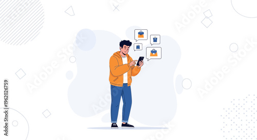 Man using smartphone for online shopping, with shopping bag icons appearing
