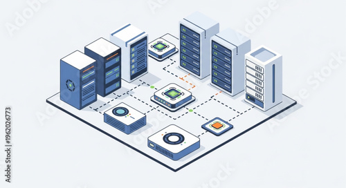 Isometric Data Center Illustration - Servers, Network, and Cloud Computing.