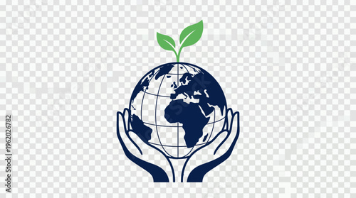 Hands cradle the Earth with a sprouting leaf, symbolizing environmental care, sustainability, and global stewardship.