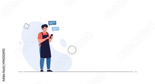 Young man in apron using smartphone with chat bubbles, modern flat illustration