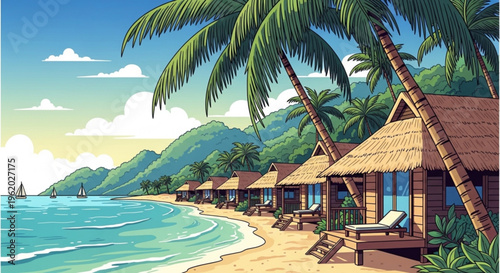 Tropical beach resort with thatched huts palm trees and lounge chairs on sandy shore by turquoise sea