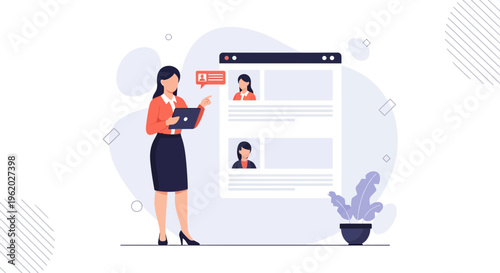 Woman reviewing resumes on a digital screen, recruitment concept