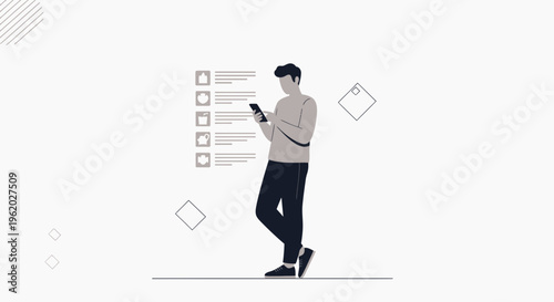 Man Using Smartphone Near Digital Interface, Online Profile List, Modern Technology Concept