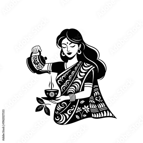 Indian woman in traditional saree pouring tea from a teapot into a cup.