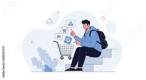 Young man with backpack choosing products online, online shopping concept