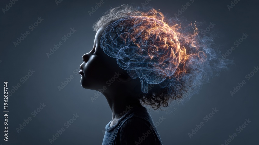 Obraz premium Child with a creative mind shows a brain made of smoke and fire with thoughts on display during a nighttime scene