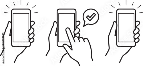 Set of three hands holding smartphones, depicting interaction and successful task completion