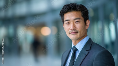 Asian businessman in a suit standing in a modern office, looking away with a serious expression