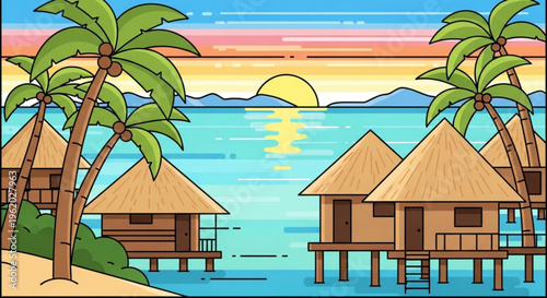 Tropical beach huts on stilts with palm trees at sunset over ocean with mountains in background
