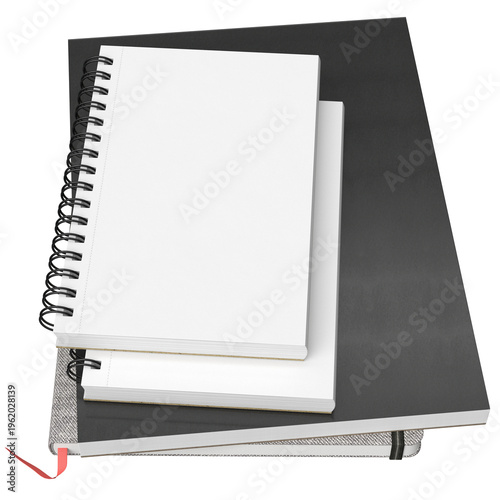 Clean minimalist product mockup: white spiral notebook placed on a stack of black and gray hardcover notebooks with fabric spine and red bookmark. Pure white background with excellent copy space 