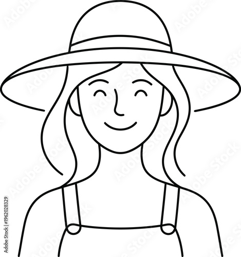 Smiling woman wearing a wide brimmed hat and overalls in a simple vector illustration style drawing design with lines