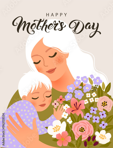 Mothers Day card. Trendy poster, postcard or cover with flowers, abstract floral pattern and mother with child illustration in flat style. Spring summer bright abstract template