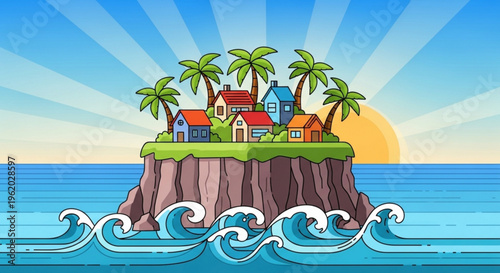 Colorful island with houses palm trees and waves under a sunny sky with rays