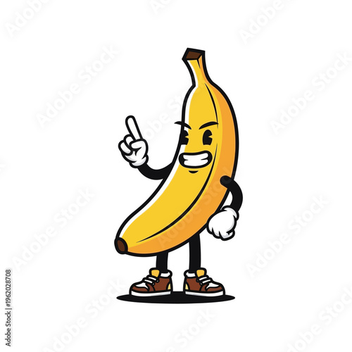 Playful Banana Cartoon Character with Pointing Gesture and Cheerful Expression.