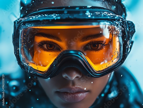 Intense Scuba Diving Goggles Close-up, Revealing Concentration and Determination