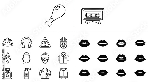 Mixed outline and silhouette icon set with food, cassette, worker equipment and lips collection, vector illustration for lifestyle, music and design projects