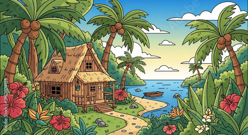 Tropical beach hut with palm trees and colorful flowers near serene ocean waters at sunset