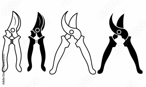 outline and silhouette of Pruning shears, also called hand pruners or secateurs icon set