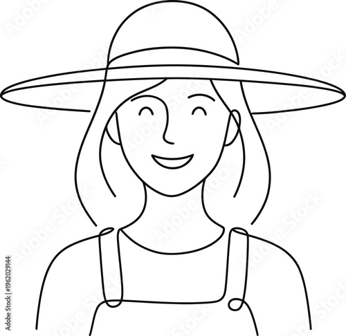 Smiling woman wearing a wide-brimmed hat and overalls in a simple line drawing style illustration design