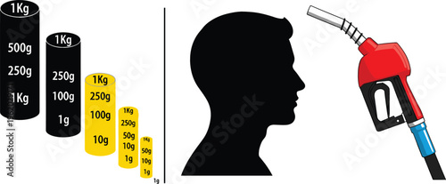 Weights set, human profile silhouette and fuel nozzle illustration, vector design for measurement, identity and energy concept projects