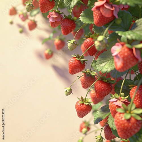 Vertical arrangement of hyper-realistic strawberries with green leaves against soft beige background with copy space