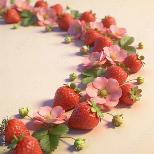 Vertical arrangement of hyper-realistic strawberries with green leaves against soft beige background with copy space