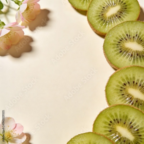 Vertical arrangement of hyper-realistic kiwi slices against soft beige background with copy space